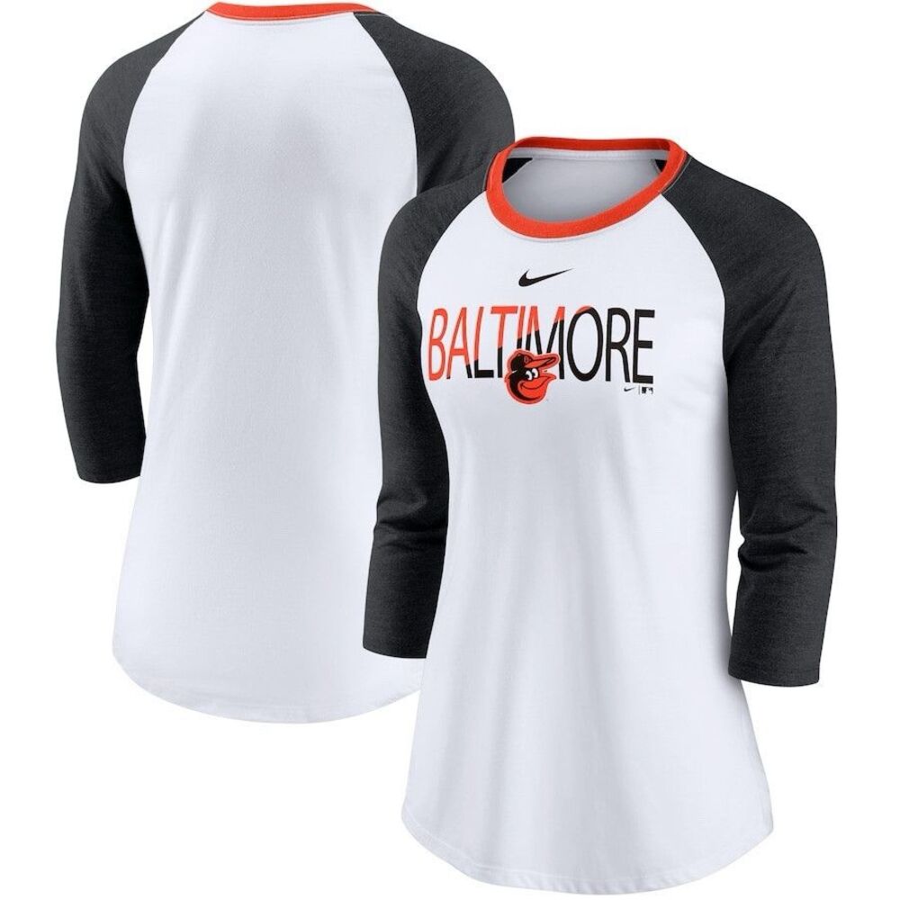 Baltimore Orioles Nike Raglan 3/4 Sleeve T Shirt Womens L White Gray Orange NWOT